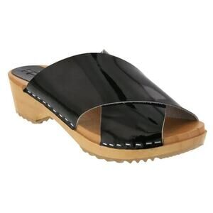 BJORK RIKKE Swedish Wooden Slides 10 Eu 41 Crisscross Black Leather Clogs Shoes